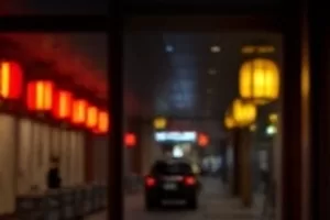 暮色庭院里透出放映微光的主推海报，画面右侧是半开的木窗